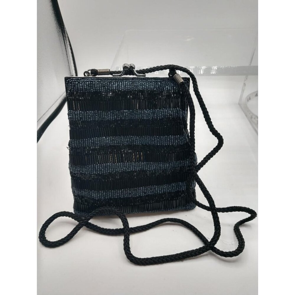 Vintage Lancome Black Beaded Evening Bag With Rope Strap 6" x 6"